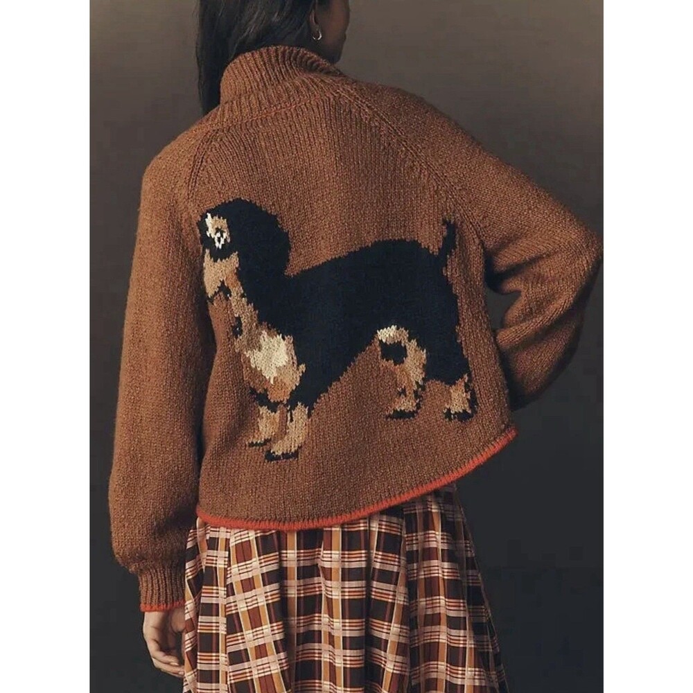 Anthropologie Pilcro Dachshund Jesse Dog Icon Cardigan Sweater Brown Size M NWT - Picture 1 of 3